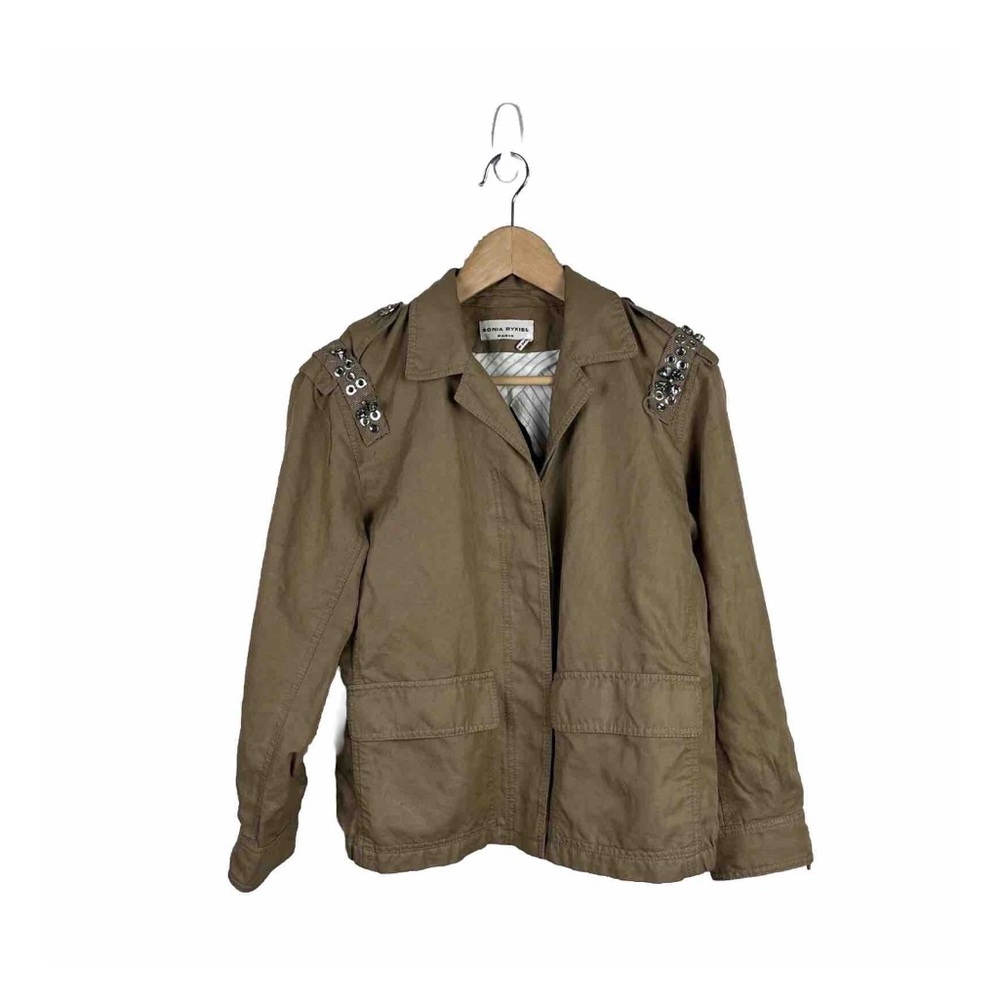 SONIA RYKIEL Jacket 36 Brown Silver Embellished Jewel Linen Cotton Coat